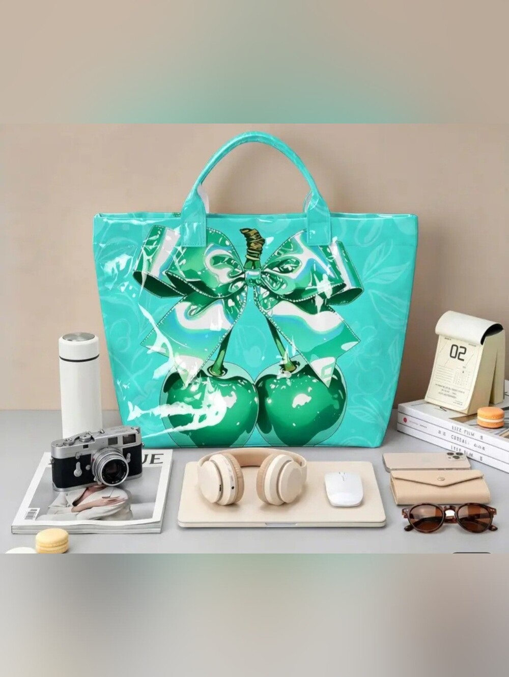 Turquoise Cherry Print Tote Bag - Stylish Women’s Beach & Everyday Bag